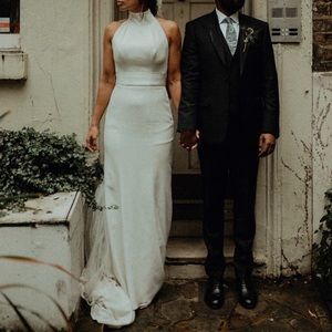 White by Vera Wang High Neck Crepe Sheath Wedding Gown